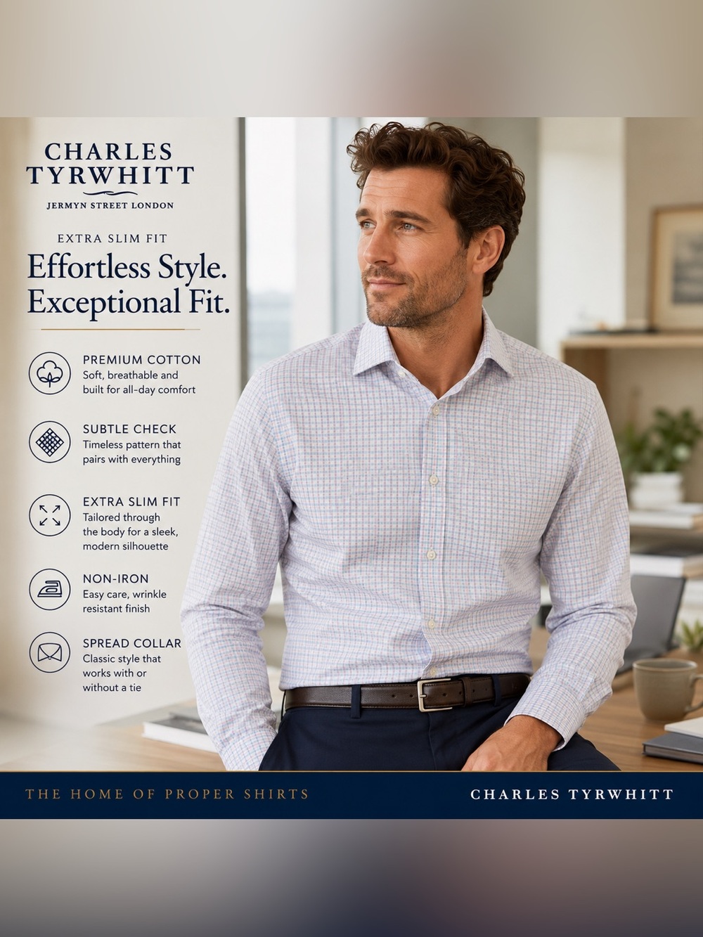 Charles Tyrwhitt Light Blue & White Check Extra Slim Fit Dress Shirt